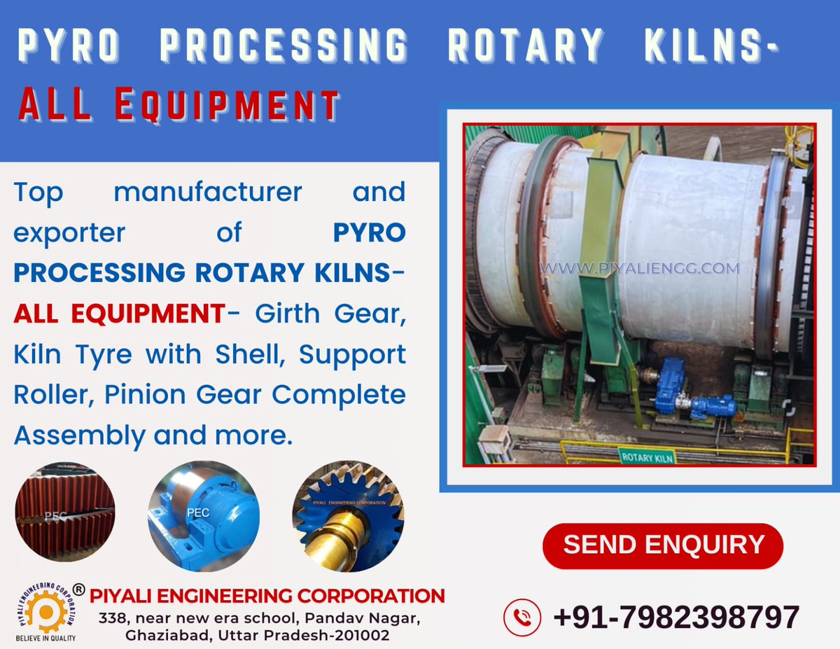 NehaSehdev24904's tweet image. 📷Pyro Processing Rotary Kiln All Equipment-Manufacturers and Suppliers-based in New Delhi and Ghaziabad, India!
For inquiries:
Email: sales@piyaligroup.com
M: +91 798-239-8797
.
piyaliengg.com
.
#piyaligroup #pyroprocessing
#rotarykilnequipment