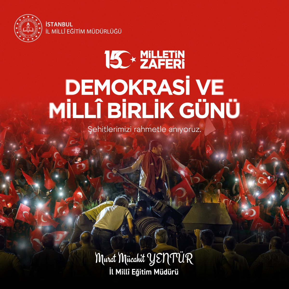 🇹🇷 15 Temmuz Demokrasi ve Millî Birlik Günü'nün 8. yıl dönümünde, hain darbe girişimi sonucu vatanı korumak uğruna insanlığın ufkunda bir umut ışığı, bir kurtuluş müjdesi olarak parlayan Türkiye uğruna şahadete yürüyen tüm vatan evlatlarını rahmetle anıyor; gazilerimize hayırlı