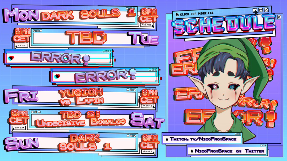 NicoFromSpace's tweet photo. 【Schedule for the week of JUL15 to JUL21】
IT'S TIME FOR ANOTHER SOULSLIKE MY PEOPLE, LET'S GET THAT SUFFERING GOING BABYYYY!!!
It's gonna be a pretty chill week, so please do look forward to it <3
The schedule is subject to change though
Art tag: #NiCasso
Memes: #NiComedy https://t.co/61cDhe6H6K