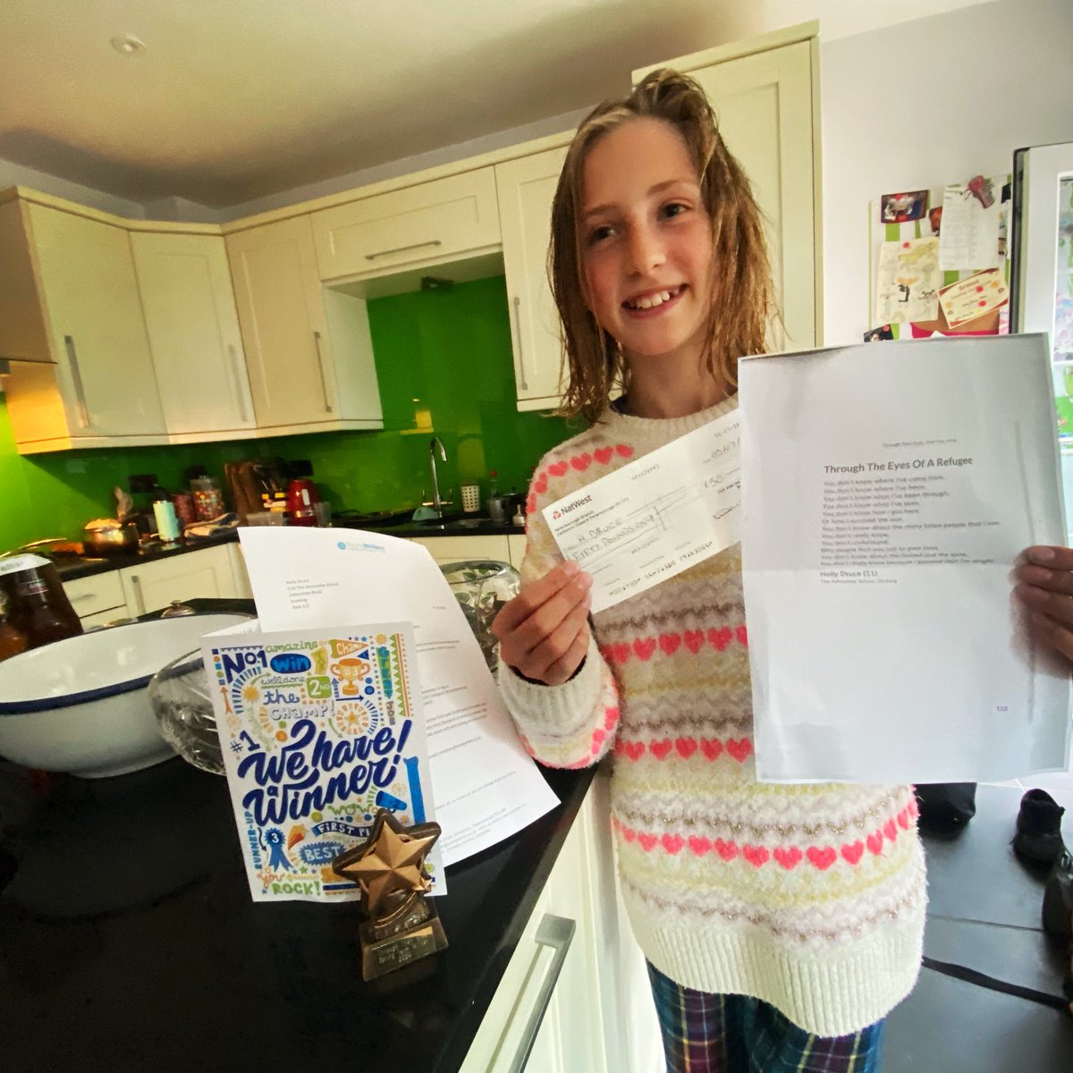 henry_druce's tweet photo. Finally the Druces have produced a decent writer. My youngest Holly,12, is one of five winners out of 10,000 entrants for a national @youngwriterscw poetry writing competition. Her poem has been published in a book, Through Their Eyes, she's won a sparkly trophy and £50. https://t.co/DZcxtZNCnl