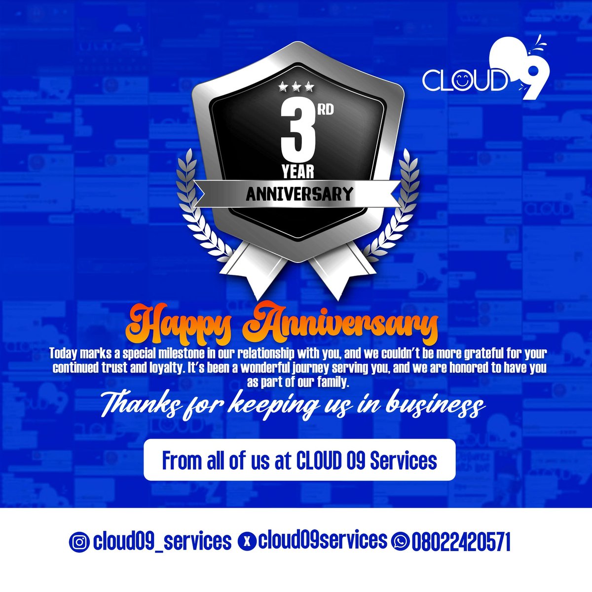Cloud09Services's tweet photo. 3 years of providing excellent call services.  3 years of being your first choice in spreading happiness and good vibes. 3 years of being a mouthpiece.  3 years of being Cloud09Services.  Thank you so much, and congratulations to us.

My first child is 3 yall. https://t.co/vvm4NgGtyN
