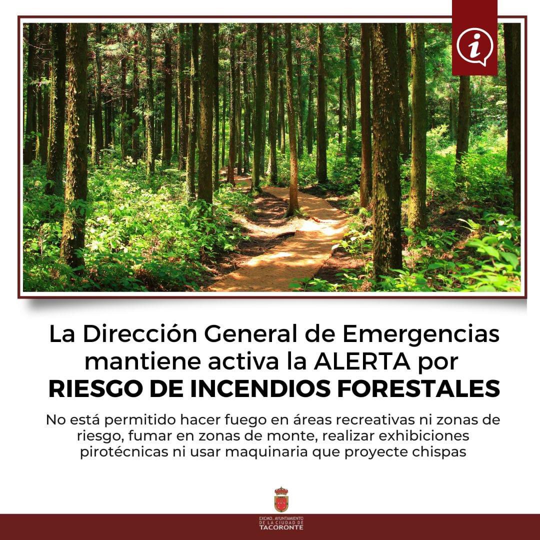 Recuerda que por riesgo de #IFTenerife sigue prohibido hacer #fuego en áreas recreativas, fumar en el monte, las exhibiciones pirotécnicas y el uso de máquinas que proyecten chispas. 

¡Rogamos máxima precaución! 

#incendiosforestales #alerta #verano2024 #Tacoronte
