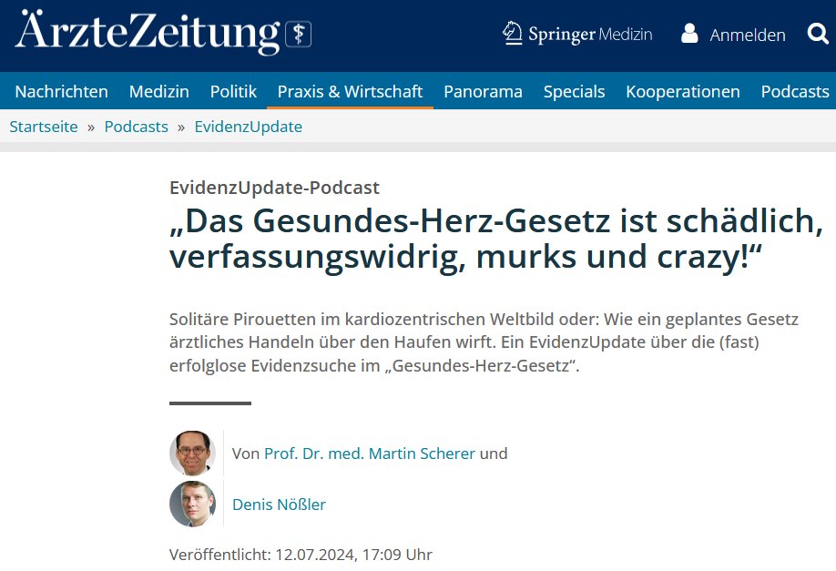 Selten hat ein Gesetzesvorhaben so viel Kritik einstecken müssen wie das „Gesunde-Herz-Gesetz“ (sic!) aus dem <a href="/BMG_Bund/">Bundesgesundheitsministerium</a>. Zu Recht. Im neuen Podcast #EvidenzUpdate mit <a href="/aerztezeitung/">Ärzte Zeitung</a> diskutieren wir, warum es (fast) null Evidenz enthält. Zum Podcast: tinyurl.com/3d6k9xpe #DEGAM