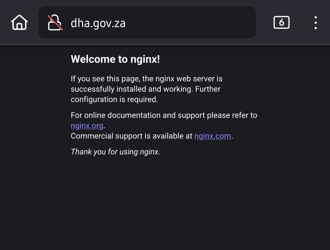 MuhammedChand's tweet photo. @HomeAffairsSA @parliamentSA @GCISMedia A good start would be changing the link in your bio to point to an actual landing page...or better yet finish the nginx setup. Either way I'm trying to login to your site but can't get the OTP. Is there an issue currently? https://t.co/GSk57RawuU