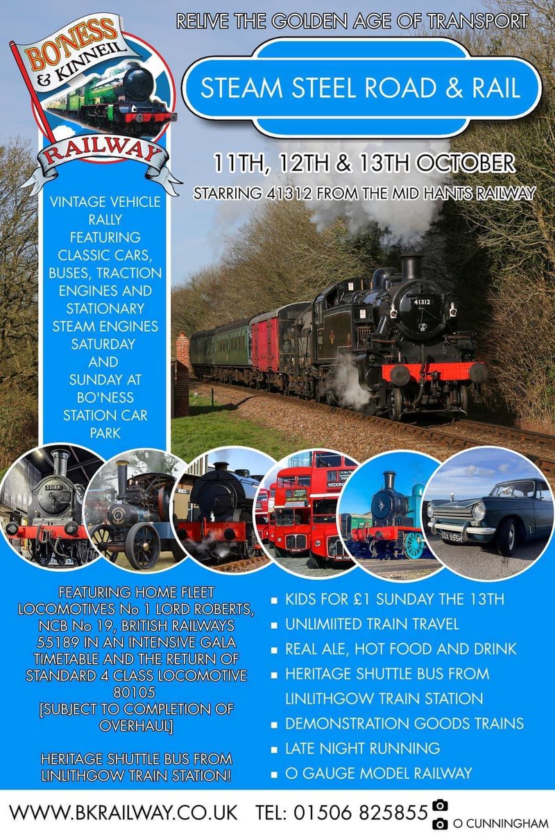 Join us for our Steam Steel Road and Rail Gala from 11th - 13th October 2024! Featuring Guest Locomotive <a href="/Watercress_Line/">Watercress Line</a> LMS Ivatt No. 41312 and the return of Locomotive Owners Group (Scotland) owned BR No. 80105.