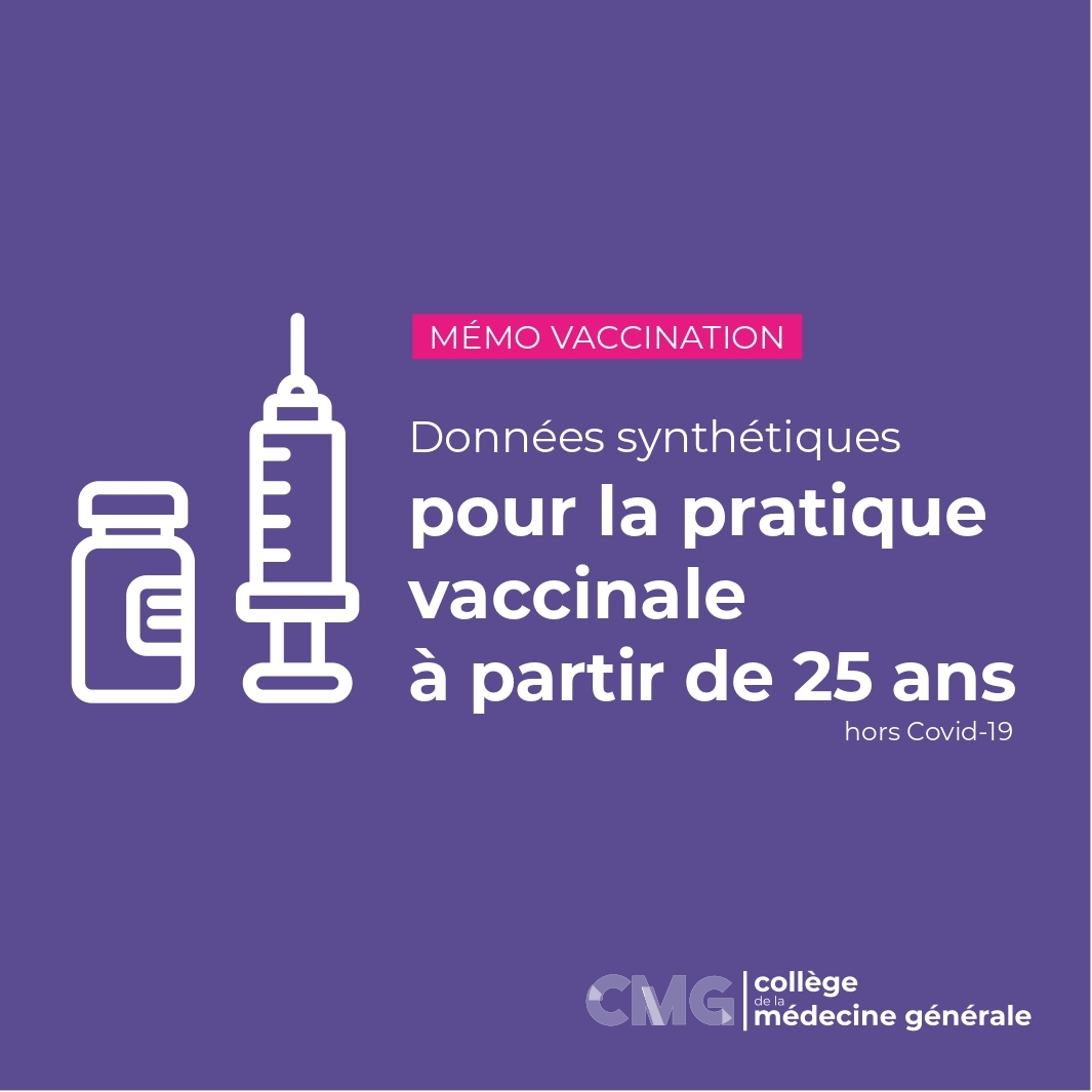 📢  Mémo #vaccination : données synthétiques pour la pratique vaccinale à partir de 25 ans - Actualisation 2024

👉 Un document élaboré par le CMG <a href="/LeCollegeMG/">Collège de la Médecine Générale</a> avec le soutien de <a href="/SantePubliqueFr/">SantépubliqueFrance</a>

> PDF complet :  cmg.fr/productions-du…