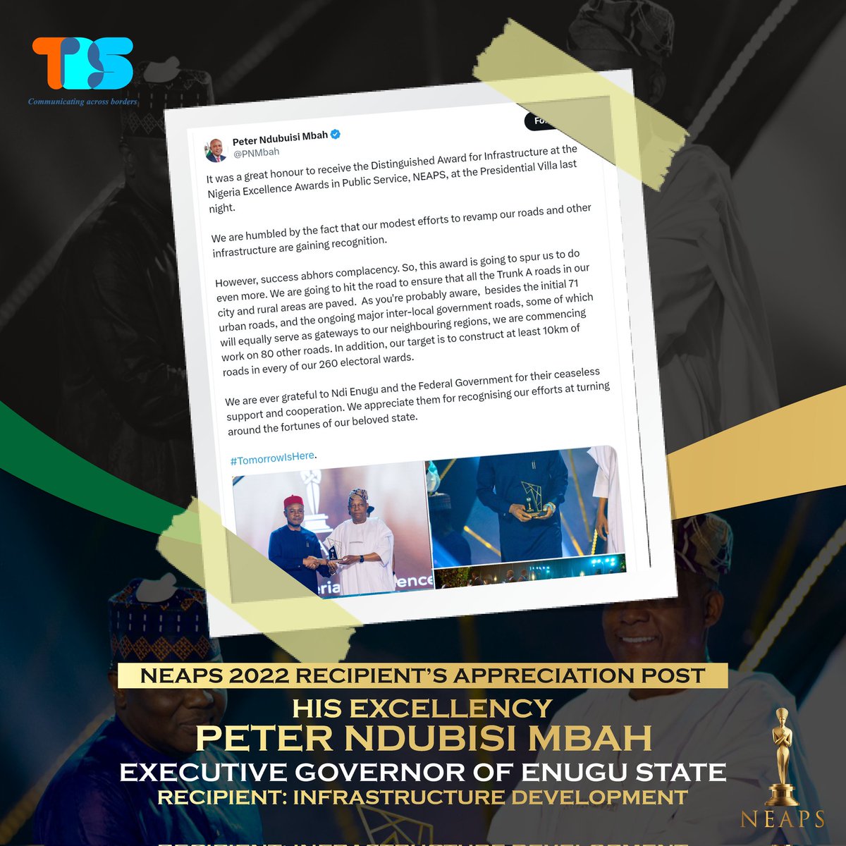 NeapsAwards's tweet photo. His Excellency Peter Ndubisi Mbah, the Executive Governor of Enugu State, on being honoured with the #NEAPSAward 2024 on 'Infrastructure Development'

#RecipientTestimonial
#NEAPSAwards 2024...
Stay glued to this channel, Stay Updated! 
Follow and turn on notification 🔔 
#NEAPS #NEAPSAward #NEAPS2024 #PublicServiceExcellence #RewardingExcellence #TBSMedia
