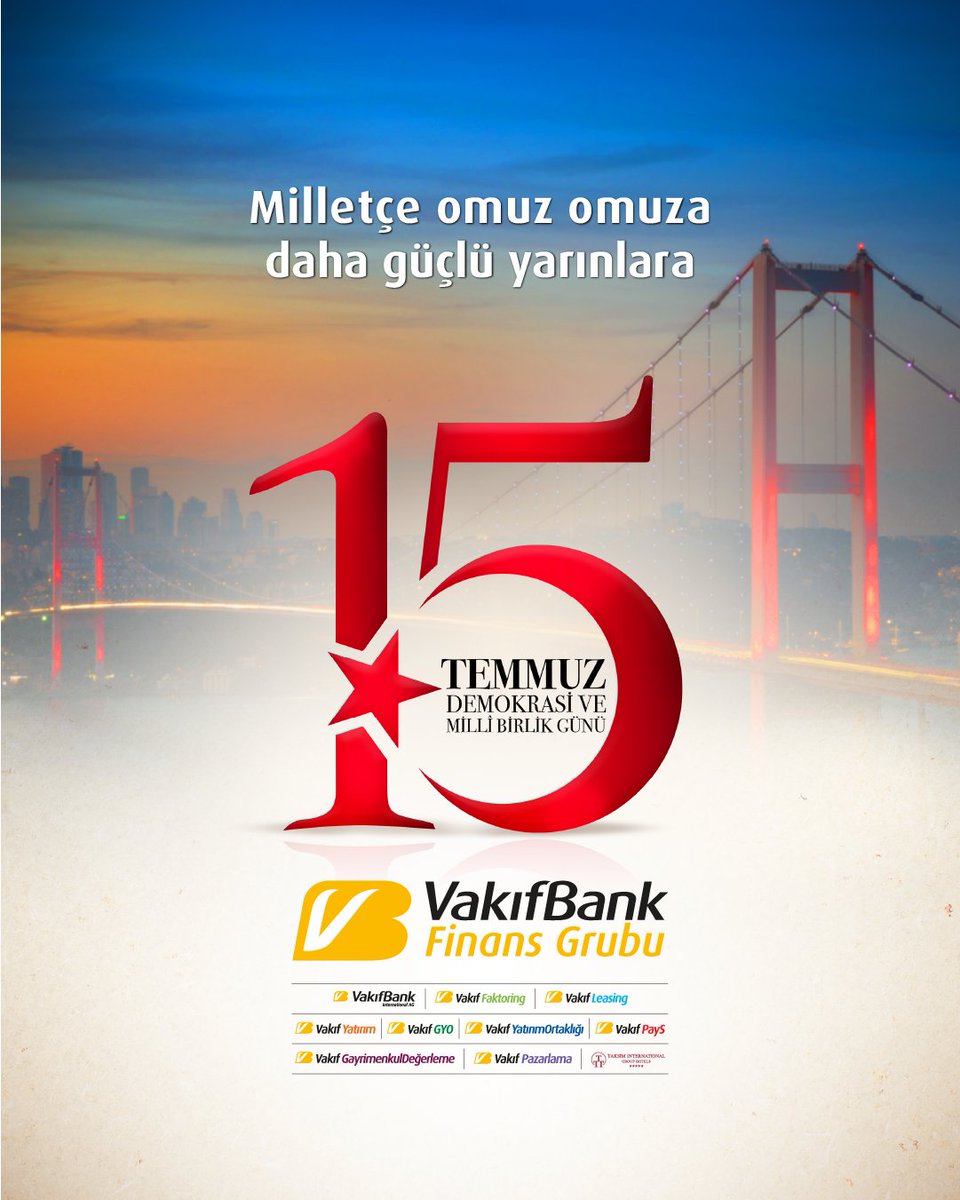 Aydınlık bir gelecek için milletçe omuz omuza yazdığımız destanın 8. yıl dönümünü kutluyor,

15 Temmuz kahramanlarını saygıyla anıyoruz. #VakıfBankFinansGrubu