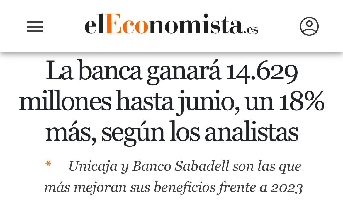 La gran banca española –Santander, BBVA, CaixaBank, Sabadell, Bankinter y Unicaja– tendrá 14.629 millones de beneficio durante los primeros seis meses del año. Un 18% más.

Batió récords en 2021, 2022 y 2023 y sigue batiendo récords en 2024. Y tu hipoteca, por las nubes.