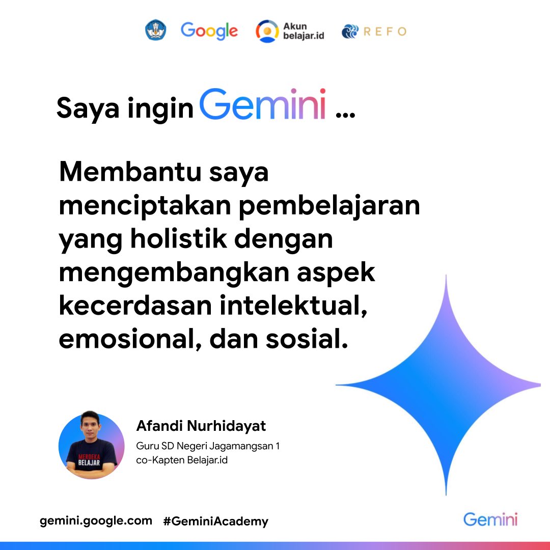 faNdyyy's tweet photo. Saya ingin Gemini membantu saya menciptakan pembelajaran yang holistik dengan mengembangkan aspek kecerdasan intelektual, emosional, dan sosial.

#GeminiAcademy
@RefoIndonesia @googleindonesia https://t.co/vZG3fwFI6N