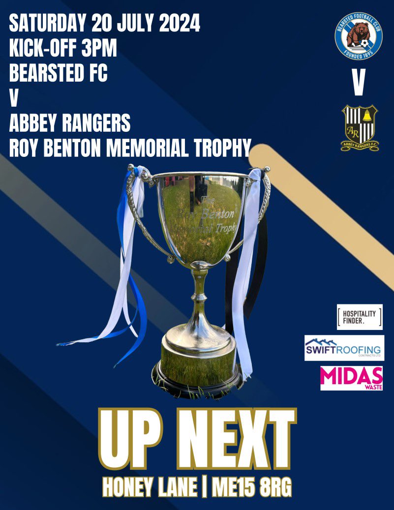 Bearsted_FC's tweet photo. Up next @fc_abbeyrangers at Honey Lane on Saturday in the Roy Benton Memorial Trophy. 
£10 adult, £6 seniors 65 or over, £3 11-15 year olds and Free under 11 with a full paying adult
Turnstiles open at 2pm (cash and card payments). 
Come and join the teams for our final pre-season friendly #bearstedfc #bears