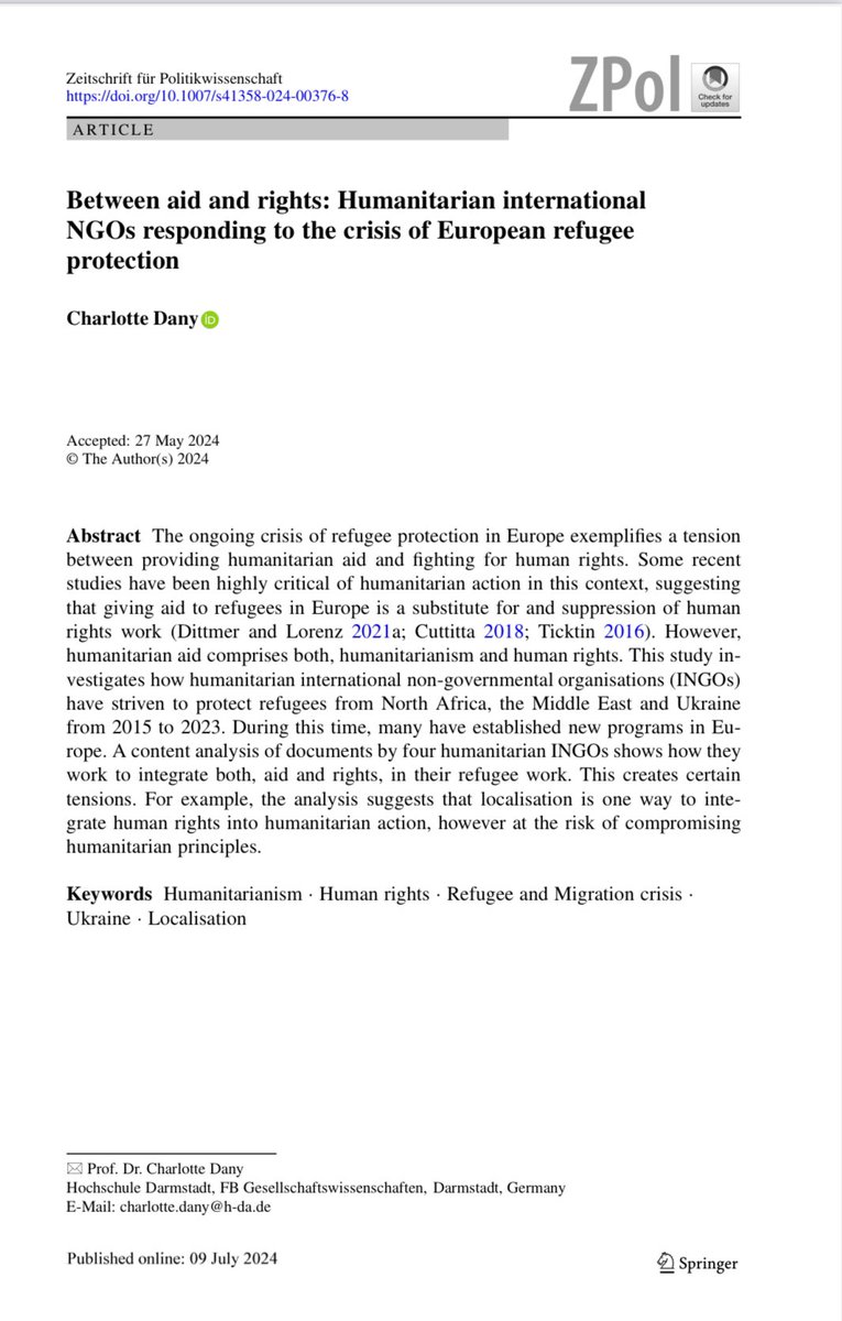 Mein neuer Artikel „Between Aid and Rights“ ist erschienen <a href="/ZPol_journal/">ZPol</a>. Wie navigieren humanitäre INGOs seit 2015 humanitäre Hilfe und Menschenrechte im europäischen Flüchtlingsschutz? Mehr dazu hier: rdcu.be/dNhHX (Open Access)