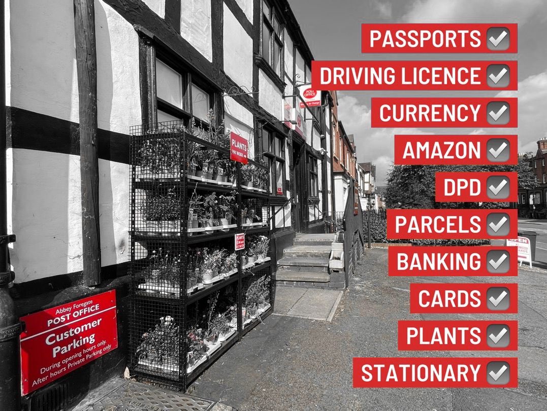 MAIN Post Office offering all PO services all day &amp; possibly Shrewsbury’s best selection of greeting cards.

OPEN Mon to Fri 9am - 5.30pm.

▪️Banking 
▪️Driving Licence 
▪️Currency 
▪️Passports 
▪️Cards
▪️Parcels
▪️Amazon/DPD
▪️Plants
▪️Dog friendly
▪️Free parking

#postoffice