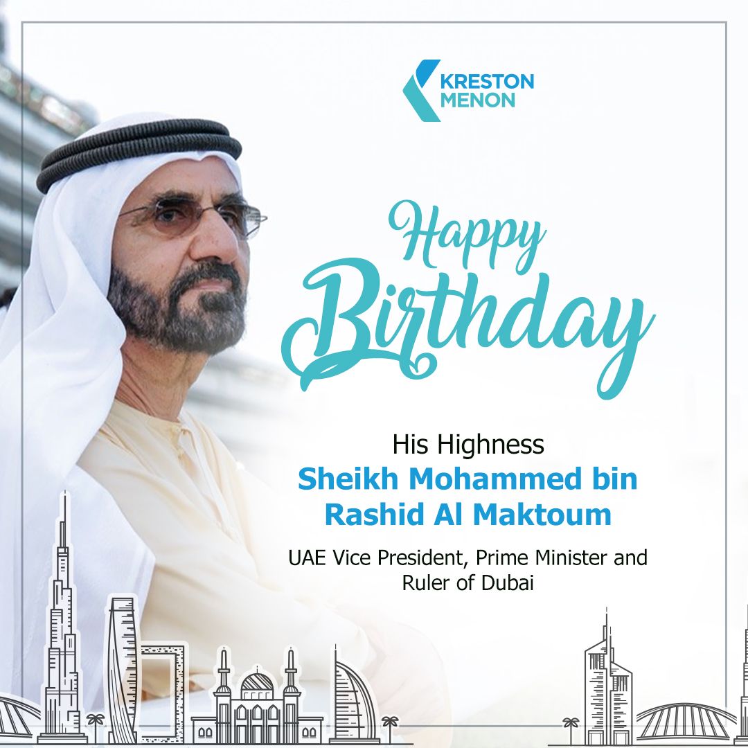 Kreston_Menon's tweet image. Kreston Menon wishes His Highness Sheikh Mohammed bin Rashid Al Maktoum, Vice President and Prime Minister of the UAE and Ruler of Dubai, a Happy Birthday. #July15th #hhshkmohd #SheikhMohammed #dubai#VisionaryLeader

#hhshkmohdbirthday #happybirthday #KrestonMenon #KrestonGlobal