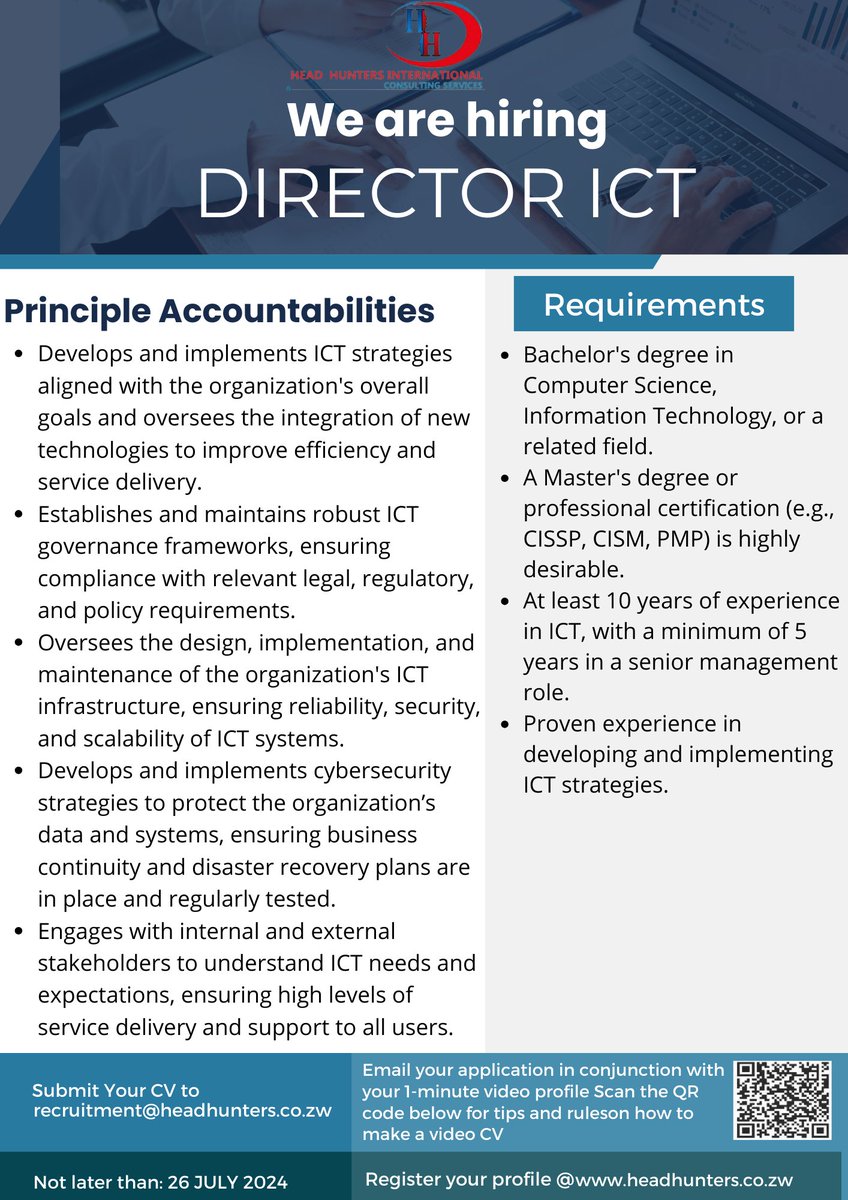 HeadHuntersInt's tweet photo. ✨Exciting Opportunity for a Director of ICT!👩‍💻
#JobOpportunity #ICTDirector #TechLeadership #CareerOpportunity #ICTJobs #JoinOurTeam #HiringNow #DigitalInnovation #TechJobs #LeadershipRole #ICTManagement #Cybersecurity #CareerGrowth #ApplyNow #TechnologyLeader https://t.co/uO1mBNId8N