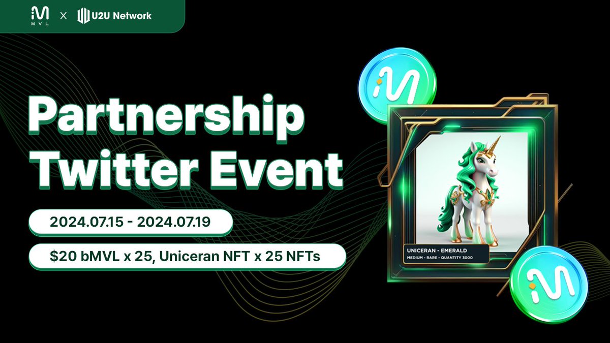 🎆 MVL x U2U Network Partnership Celebration Giveaway 🎆

🥳 Follow these simple steps for a chance to win:

1️⃣ Follow <a href="/mvlchain/">MVL</a> &amp; <a href="/uniultra_xyz/">Amigo BNB</a>
2️⃣ Like &amp; Retweet
3️⃣ Tag 3 Friends and Leave your MetaMask Wallet Address in the Reply

🎁 $20 bMVL * 25 winners
🎁 Uniceran NFT * 25