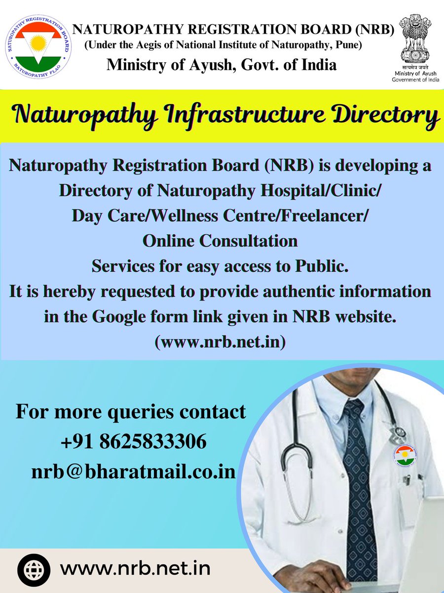 NRB_Board's tweet photo. Naturopathy Registration Board  is developing a Directory of Naturopathy Hospital/Clinic/ Day Care/Wellness Centre/Freelancer/ Online Consultation Services for easy access to Public. It is hereby requested to provide authentic information in the Google form link given in website https://t.co/aoMOhdkDEu