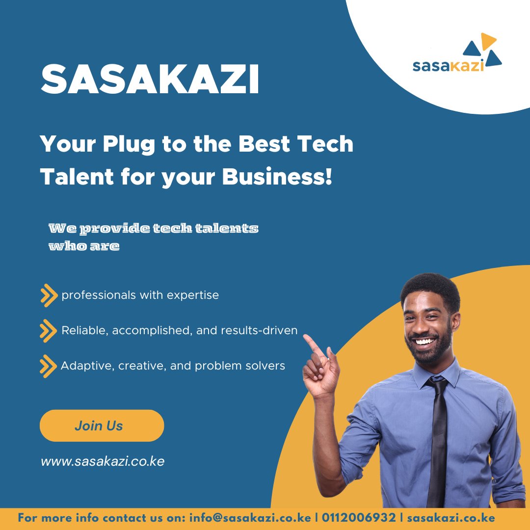 Do you have a business you intend to digitize? SASAKAZI NDIO YOUR BEST PLUG!
Here, we connect you to the best tech talent for your digital projects.
Contact us today or Sign Up at sasakazi.co.ke and let’s talk tech!