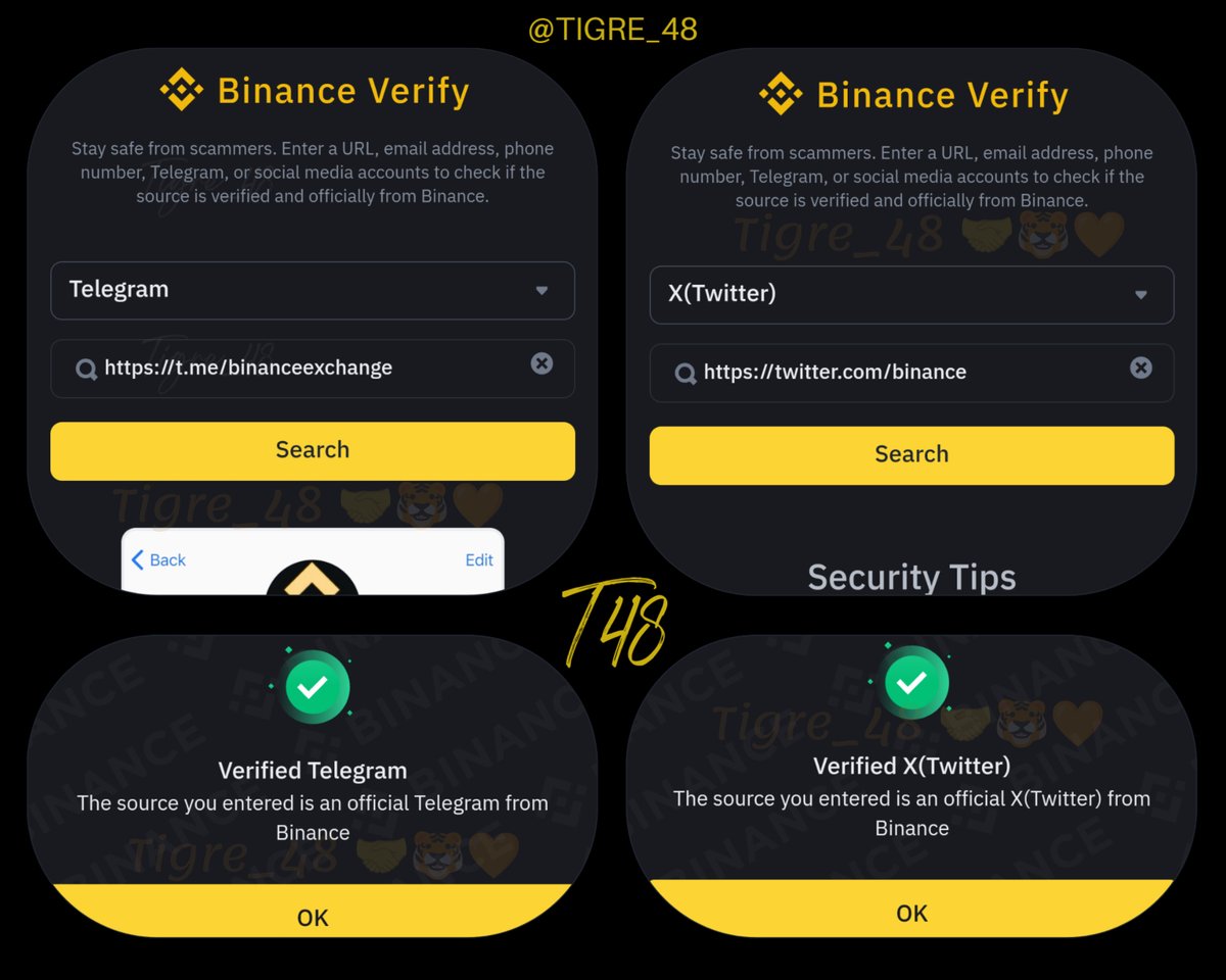 TIGRE_48's tweet photo. @BinanceHelpDesk @binance @BinanceAcademy @cz_binance @_RichardTeng @RachelConlan @heyibinance @aqibsahib Very important ✍️ to use : https://t.co/SeUQo7Y0KG

• It will tell us if the sources are official ✅

• Be careful with impersonations 🕵️‍♂️

• Take advantage of this tool 

#StaySafeInTheCryptoWorld
#BinanceRiskteam #AntiScamEducation

@binance 
🤝🐯🧡 https://t.co/2JQSm8YgKu