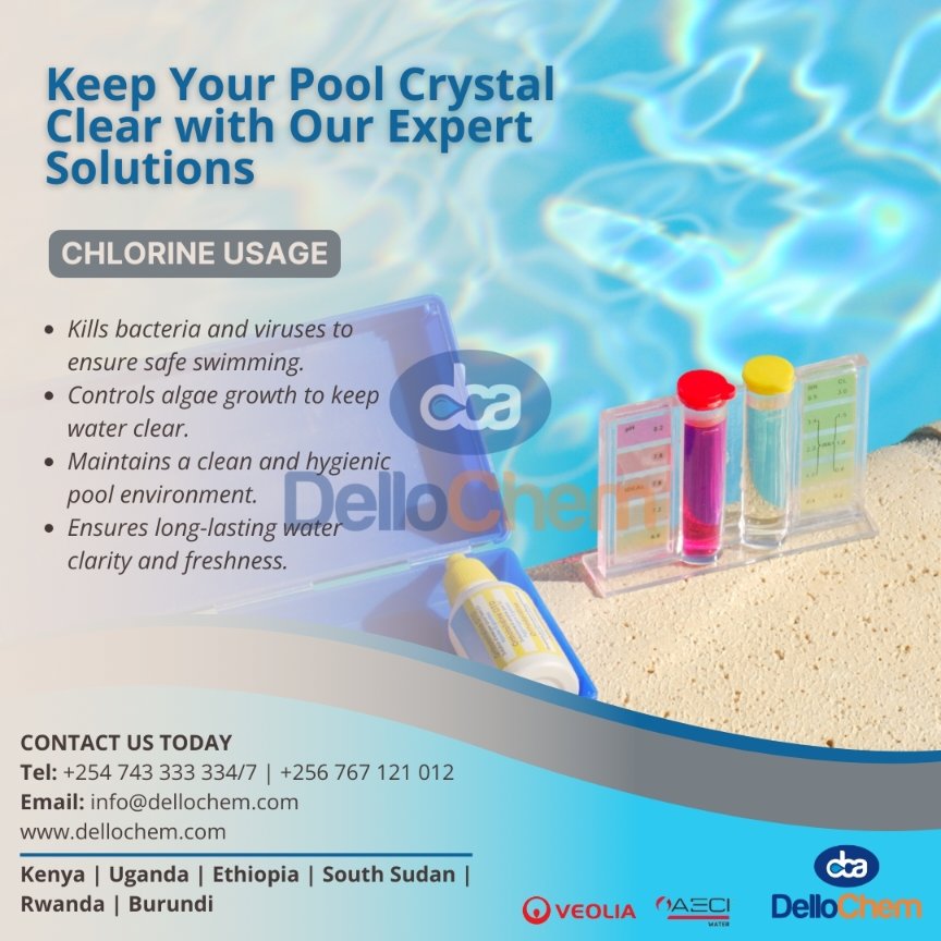 DelloChem's tweet photo. Chlorine: Your poolโs best friend! ๐โโ๏ธ๐
1. Banish bacteria and viruses for safe swimming.
2. Control algae for clear water.
3. Keep your pool clean and hygienic.
4. Enjoy long-lasting water clarity.
#PoolSafety #CleanWater #ChlorinePower #HealthyPools #SwimClean https://t.co/r2DPlf2y4y