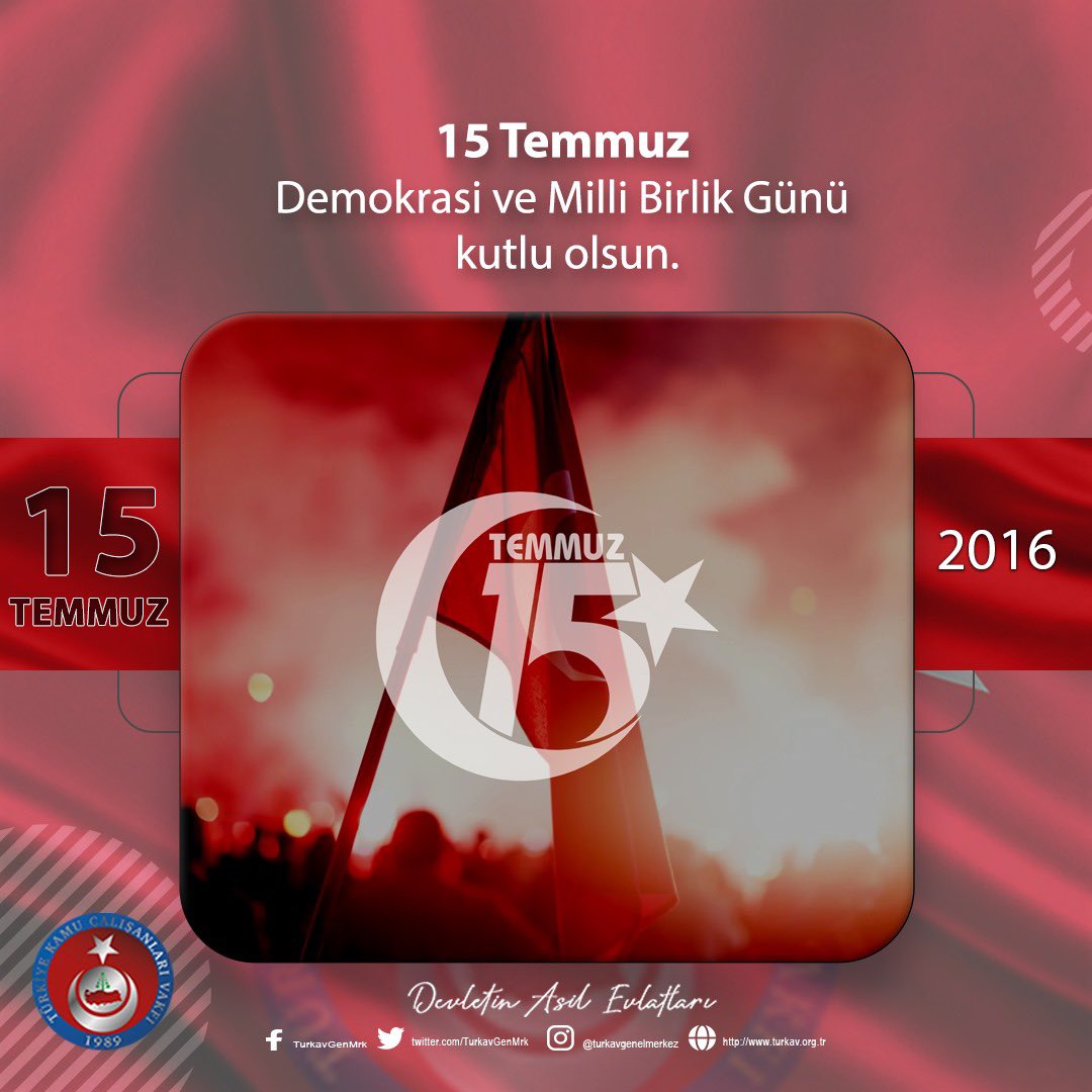 15 Temmuz Demokrasi ve Milli Birlik Günü kutlu olsun.

#15Temmuz2016
#DemokrasiZaferi 
#DevletinAsilEvlatları
#TÜRKAV