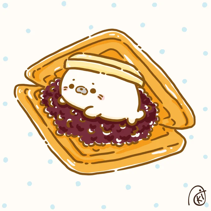 あんバターサンドワッフル #drawing #illust #illustration #動物イラスト #アザラシ #Aki