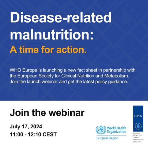 📣❗ 𝗦𝗮𝘃𝗲 𝘁𝗵𝗲 𝗱𝗮𝘁𝗲

Public virtual webinar for the launch of the new fact sheet, "Disease-Related Malnutrition—Time for Action" on Wednesday 17th of July (11:00-12:00 CET).

In collaboration with <a href="/WHO_Europe/">WHO/Europe</a>