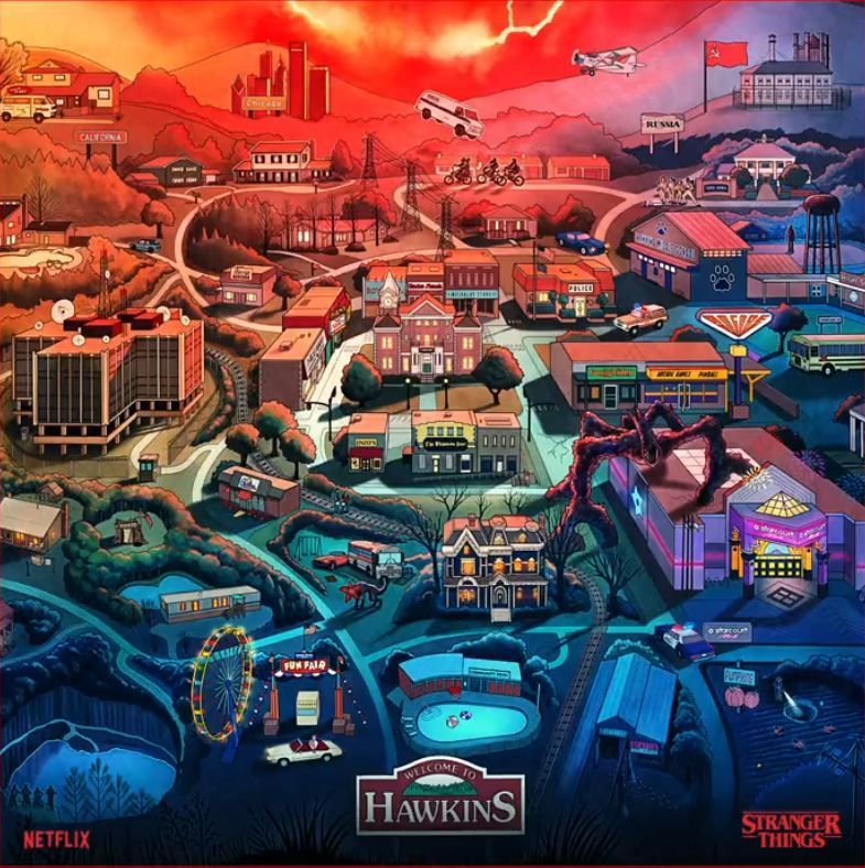 #MapMonday On this day in 2016, Stranger Things debuted on Netflix, starring Winona Ryder, David Harbour, Finn Wolfhard, Natalia Dyer and Millie Bobby Brown. Here's a beautifully illustrated map of fictional town, Hawkins, created by <a href="/kylelambert/">Kyle Lambert - Art</a> bit.ly/3VGqWGM