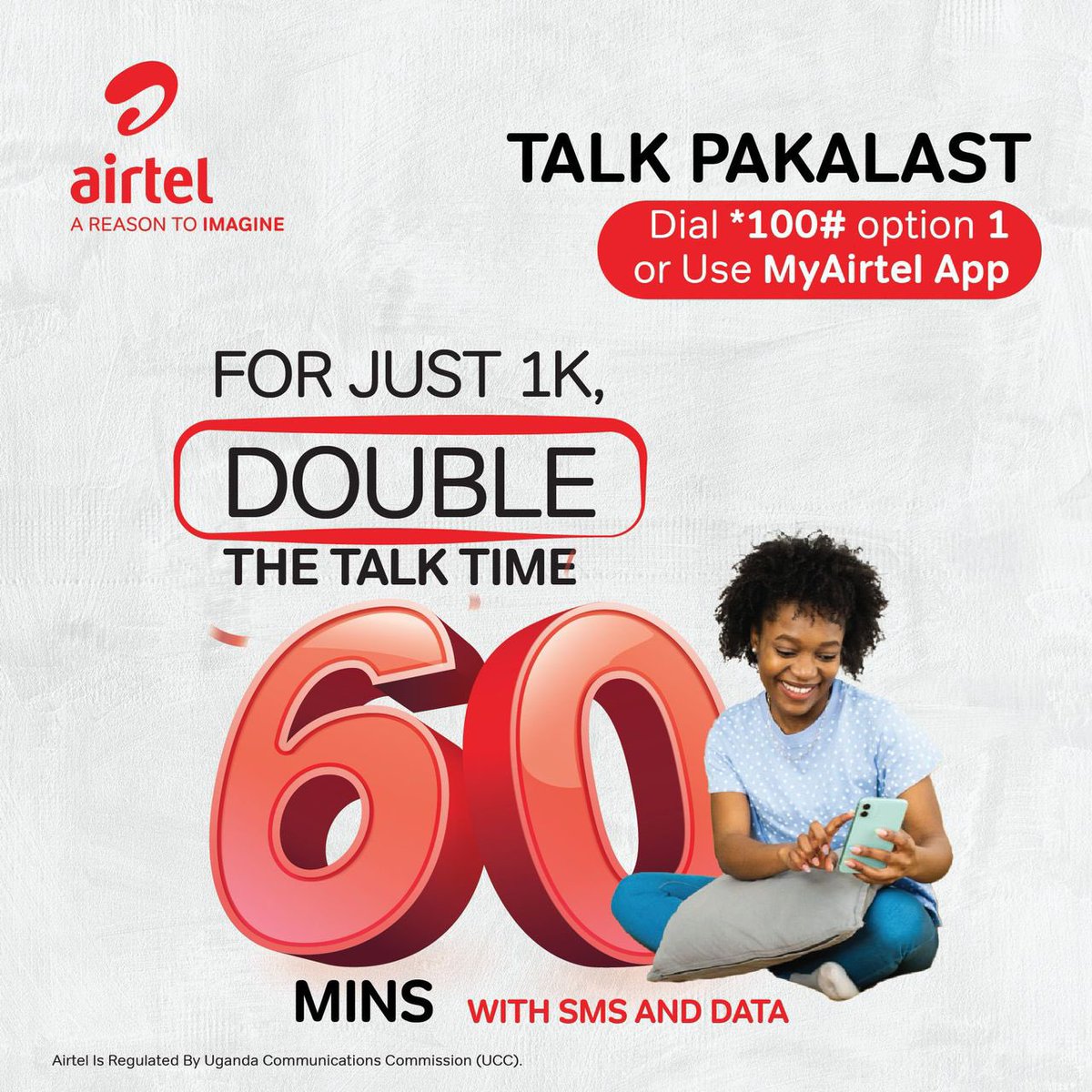 EstherAudrey_'s tweet photo. Double the talk time with the #TalkPakalast bundle from Airtel.
Simply dial *100# and select option 1 and get 60 minutes at only 1k https://t.co/KPRVmJKv02
