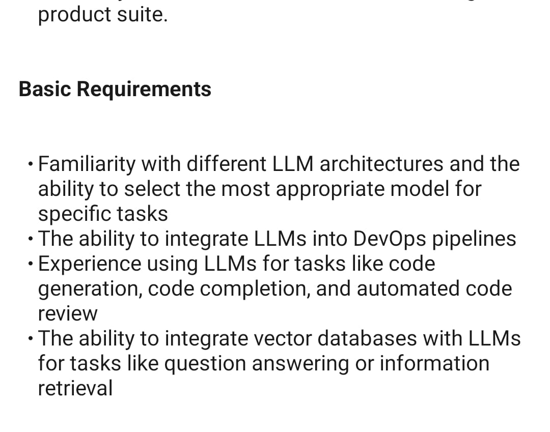 blockingthread's tweet photo. This is an actual job description merely asking for familiarity with LLM integrations not expertise. 

Time to get your hands dirty with LLMs. No more excuses. https://t.co/v6VaEYl1p6