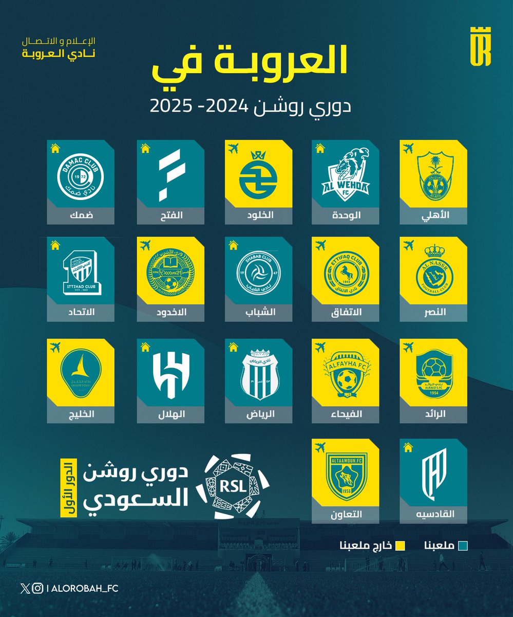 نادي العروبة السعودي (@alorobah_fc) on Twitter photo #العروبة |📋
جدول مباريات الدور الأول لـ " فخر الجوف " 
في #دوري_روشن_السعودي 2024 - 2025 م
💛💚💙
• تُحدّد المواعيد و أماكن إقامة المباريات لاحقًا #العروبة |📋
جدول مباريات الدور الأول لـ " فخر الجوف " 
في #دوري_روشن_السعودي 2024 - 2025 م
💛💚💙
• تُحدّد المواعيد و أماكن إقامة المباريات لاحقًا