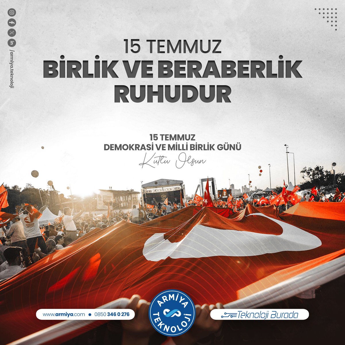 DEMOKRASİ VE MİLLİ BİRLİK GÜNÜ KUTLU OLSUN

Bayrakları bayrak yapan üstündeki kandır. Toprak, eğer uğrunda ölen varsa vatandır. Tüm şehitlerimizin ruhu şad olsun.

15 Temmuz Demokrasi ve Milli Birlik Günü Kutlu Olsun.

#15Temmuz #DemokrasiveMilliBirlikGünü 
#NeMutluTürkümDiyene
