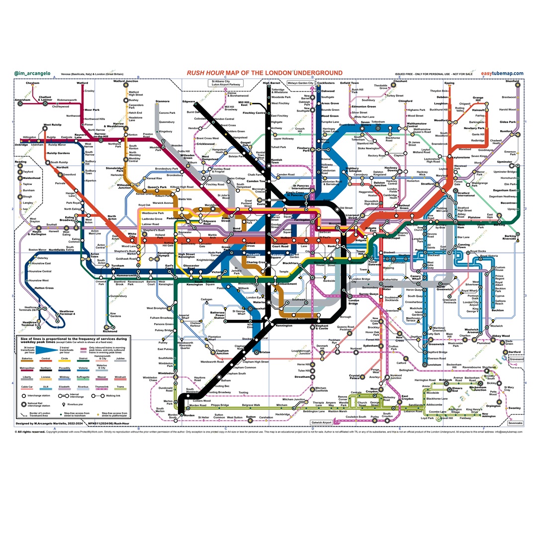 tootingnewsie's tweet photo. Check out this fantastic Rush Hour Tube Map by @im__arcangelo, who says "The map is based on frequency of services at peak times on different lines and sections of lines. It provides a very clear impression of the entire network 

1/2 https://t.co/eQnAmiyswq