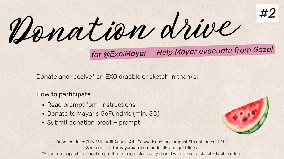EXO fanworks donation drive for ExolMayar

Donate and receive an EXO drabble or sketch in thanks!

› Read prompt form instructions
› Donate min. 5€: gofund.me/9e1b8799
› Submit proof + prompt: tinyurl.com/4kn2uhjk
› Receive fanwork! Fill list: tinyurl.com/ycyymtpr
