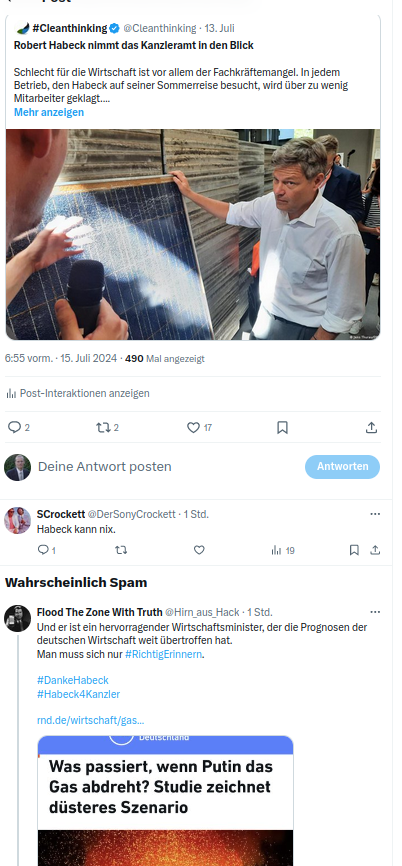 Fällt Euch etwas auf?
Ein sachlicher Beitrag wird als SPAM angezeigt.
Der Spammer wird als normaler Betrag angezeigt!

Elon Musk manipuliert die Meinungsbildung auf X!
Nicht umsonst geht die EU gegen Musk vor!
Bitte diesen Beitrag fleißig teilen!

Es stellt sich eine