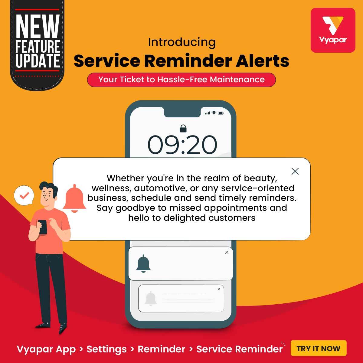 VyaparApp's tweet image. 📢 BIG UPDATE: Introducing Service Reminder Feature. Time to Connect customers lifelong 📷 #servicereminder #timelyreminders #setreminder #paymentreminder #businessgrowth #success #biztips #mobileapp #billing #pocketfriendly #motivation #vyaparapp