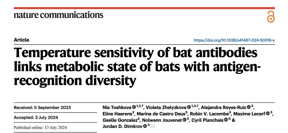 🥳Our research on the temperature sensitivity of bat antibodies has now been published! #bats #immunity #metabolism
A lovely collaboration with Dr JD Dimitrov's group at @CRCordeliers, <a href="/nmnhs/">NMNHS</a>, <a href="/lab_jouvenet/">Nolwenn Jouvenet Lab</a>, @CyrilPlanchais
🦇doi.org/10.1038/s41467