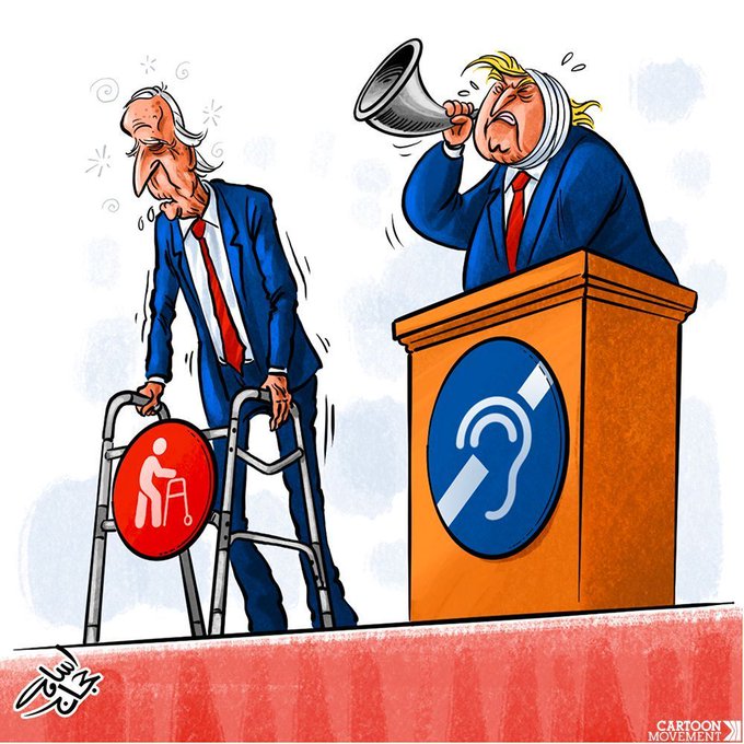 Cartoon showing Trump and Biden. Biden is standing behind a walker, while Trump has a bandage around his ear and is holding up an old-fashioned horn to hear better.