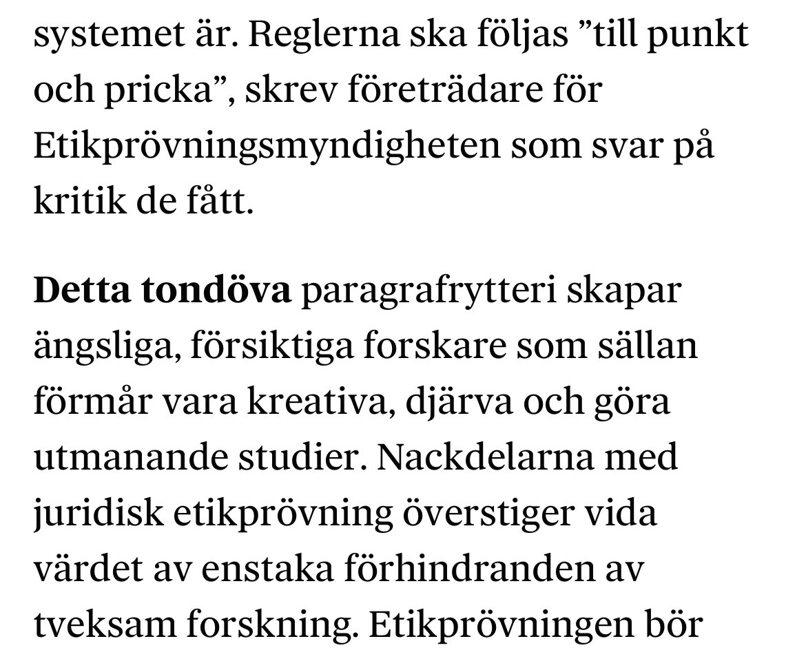 Etikprövningen av samhällsvetenskaplig forskning har blivit helt fel och det är svårt att förstå varför man inte korrigerar detta omgående.
⛔️ Det krävs flera veckors arbete bara att skriva ihop ansökan om etikprövning
⛔️ Man kräver att forskare ska veta varje intervjufråga i