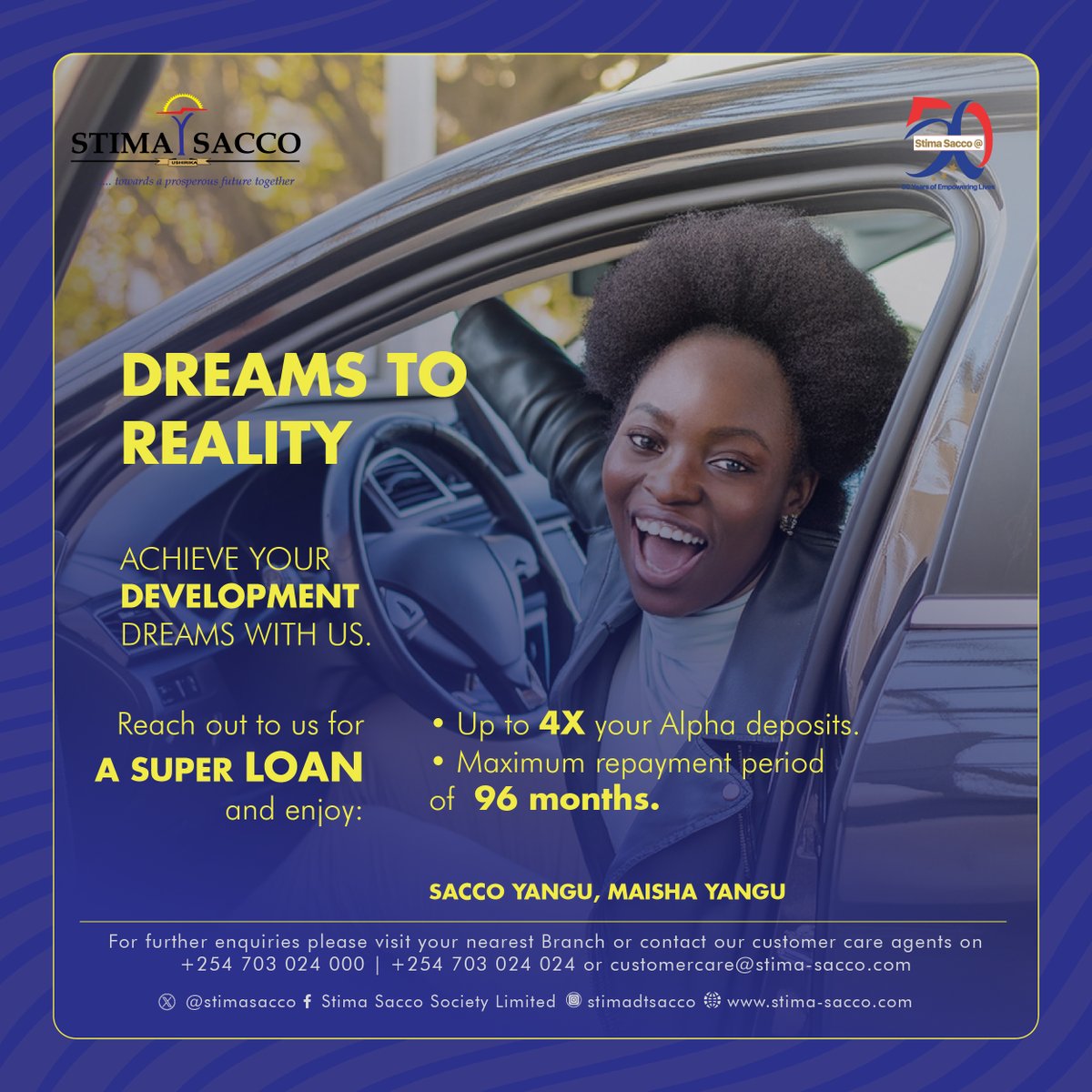 stimasacco's tweet image. Achieve your development goals with competitive rates and a flexible repayment plan with Stima Sacco's Super Loan.
Visit your nearest Stima Sacco branch today to apply!
#50YearsOfEmpoweringLives
#SaccoYanguMaishaYangu