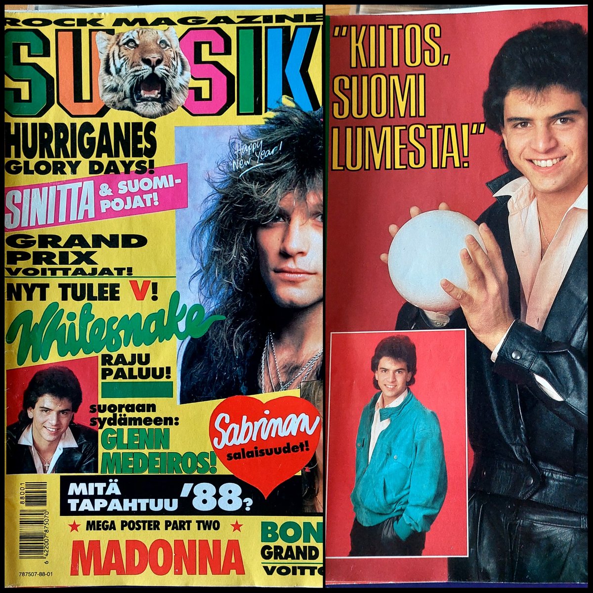 Suosikki 1/1988 Glenn Medeiros kiittelee Suomea lumesta styroksipallo käsissään. 

Selvisiköhän totuus hänelle koskaan?