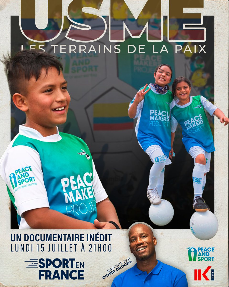 📢 Diffusion du documentaire « Les Terrains de la Paix » sur <a href="/sport_en_france/">Sport en France</a>  !

📆 15 juillet, 21:00

En partenariat avec <a href="/SportStrategies/">Sport Stratégies</a> , découvrez comment le football aide les jeunes en Colombie. Raconté par <a href="/didierdrogba/">Didier Drogba</a> et réalisé par <a href="/KickOffProd/">Kick Off Prod</a>!

Dispo tout l'été!