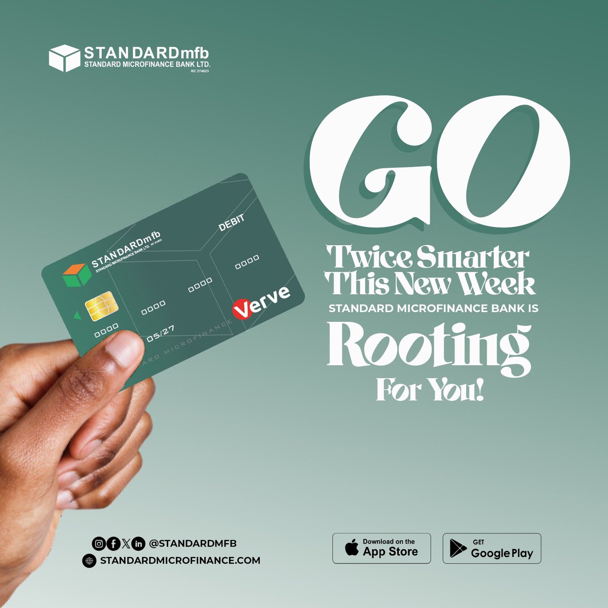 Standardmfb's tweet image. Hello Monday!

Here is to letting all standard family know that #WeAreRootingForYou. Go twice smarter this week.

#StandardMicrofinance #Bank #financialinclusion #Loans #EmpoweringCommunities #NortheastNigeria #CBN #NewWeek