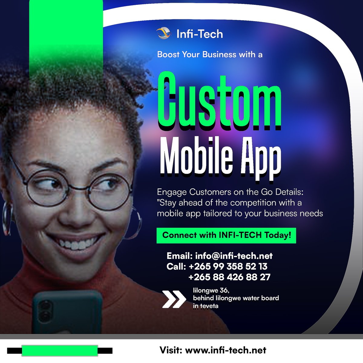 infitechmw's tweet image. Unlock the full potential of your business with a custom mobile app from INFI-TECH! 🚀 Boost engagement, streamline operations, and stay ahead of the competition. Contact us today to get started! 📱✨
#MobileApp #CustomApp #TechInnovation #BusinessGrowth