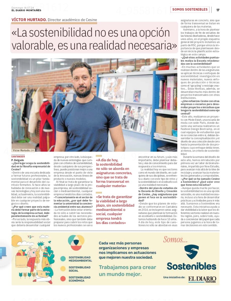 En #CESINE, la #sostenibilidad se integra transversalmente en todas las asignaturas para garantizar un 🚀 futuro mejor y viable para todos. Así lo cuenta Víctor Hurtado, director académico del área de #diseño, en <a href="/dmontanes/">eldiariomontanes.es</a> ⬇️