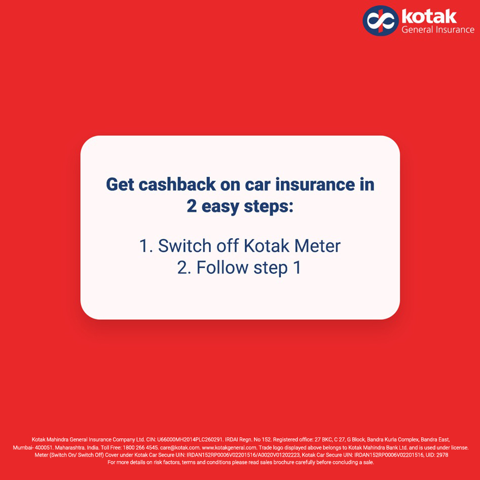 ZurichKotak's tweet image. It’s that simple! Get cashback/ discount* for the number of days you don't take out your car with #KotakMeter.

*Applicable on the Own Damage portion only of the total premium subject to the number of reward days.

#KotakGeneralInsurance #CarInsurance #MotorInsurance