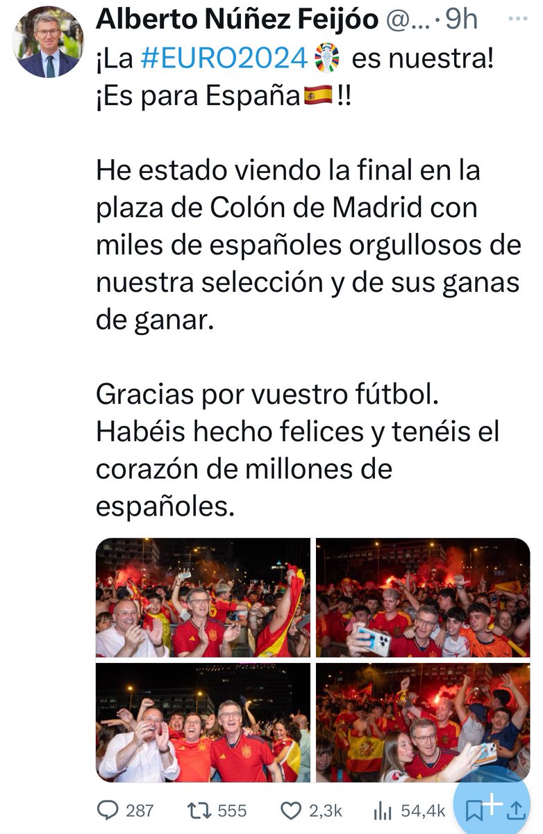 J_Zaragoza_'s tweet photo. Pedro Sánchez celebra la victoria con imágenes de los campeones.
Le gusta está España.

Abascal con imágenes donde no aparecen los jugadores .
No le gustan estos españoles.

Feijóo con cuatro fotos suyas.
Se gusta solo el.

#EURo2024 https://t.co/UiPGEjwPDb