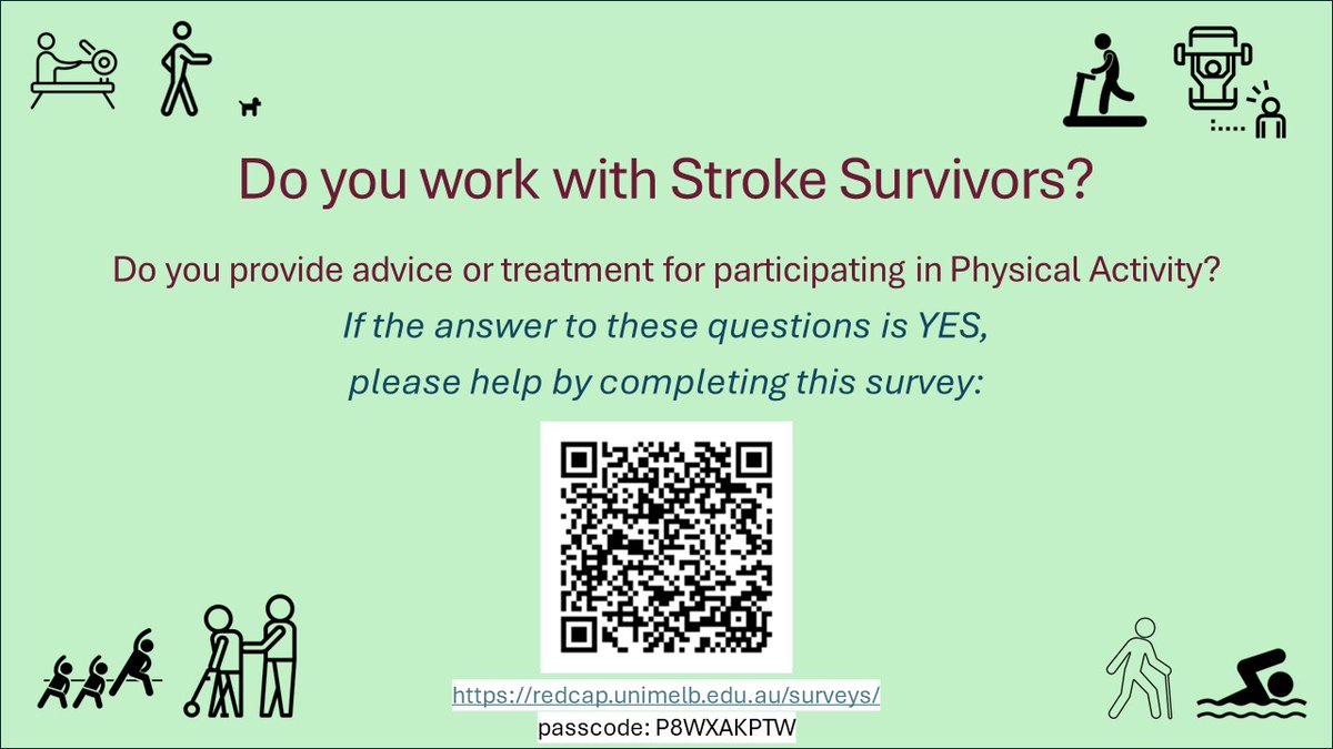 Natalie Fini (@natfiniphysio) on Twitter photo ๐ข #Stroke clinicians, help us in the first stages of designing an educational resource for clinicians to help people with stroke increase their #physicalactivity
redcap.unimelb.edu.au/surveys/
passcode: P8WXAKPTW
<a href="/ISRRAlliance/">International Stroke Rehab Recovery Alliance</a> <a href="/WorldStrokeOrg/">World Stroke Org</a> <a href="/strokefdn/">Stroke Foundation</a> ๐ข #Stroke clinicians, help us in the first stages of designing an educational resource for clinicians to help people with stroke increase their #physicalactivity
redcap.unimelb.edu.au/surveys/
passcode: P8WXAKPTW
<a href="/ISRRAlliance/">International Stroke Rehab Recovery Alliance</a> <a href="/WorldStrokeOrg/">World Stroke Org</a> <a href="/strokefdn/">Stroke Foundation</a>