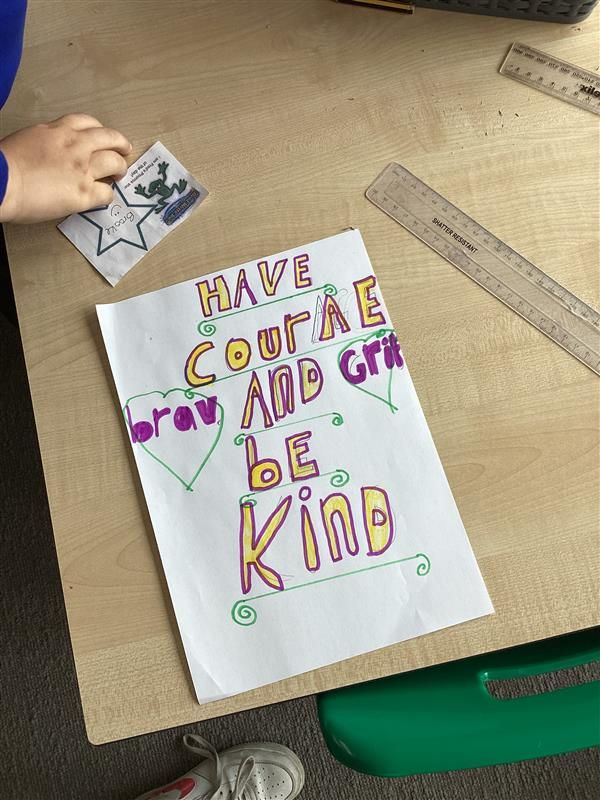 Year 3 have been looking at the school value 'Courage.' They have spent time researching what courage means, finding synonyms, reading books related to courage, learning songs, creating posters and finally working as a team to themselves spell out the letters in courage.