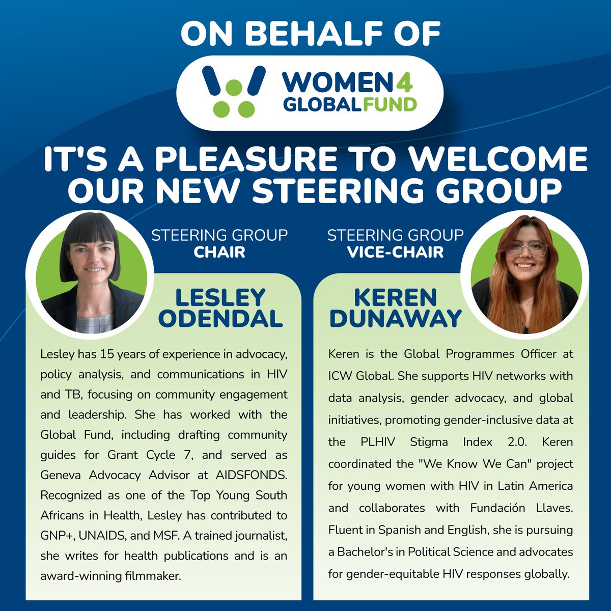 Women4GlobalFund (W4GF) (@w4_gf) on Twitter photo 🎉 Thrilled to introduce our new Steering Group Chair <a href="/LesleyOdendal/">Lesley Odendal</a> and Vice-Chair @KerenDunawa. With their expertise and passion, we’re ready to champion women’s rights and health across the globe!
#HIV #TB #Malaria #fundherhealth 🎉 Thrilled to introduce our new Steering Group Chair <a href="/LesleyOdendal/">Lesley Odendal</a> and Vice-Chair @KerenDunawa. With their expertise and passion, we’re ready to champion women’s rights and health across the globe!
#HIV #TB #Malaria #fundherhealth